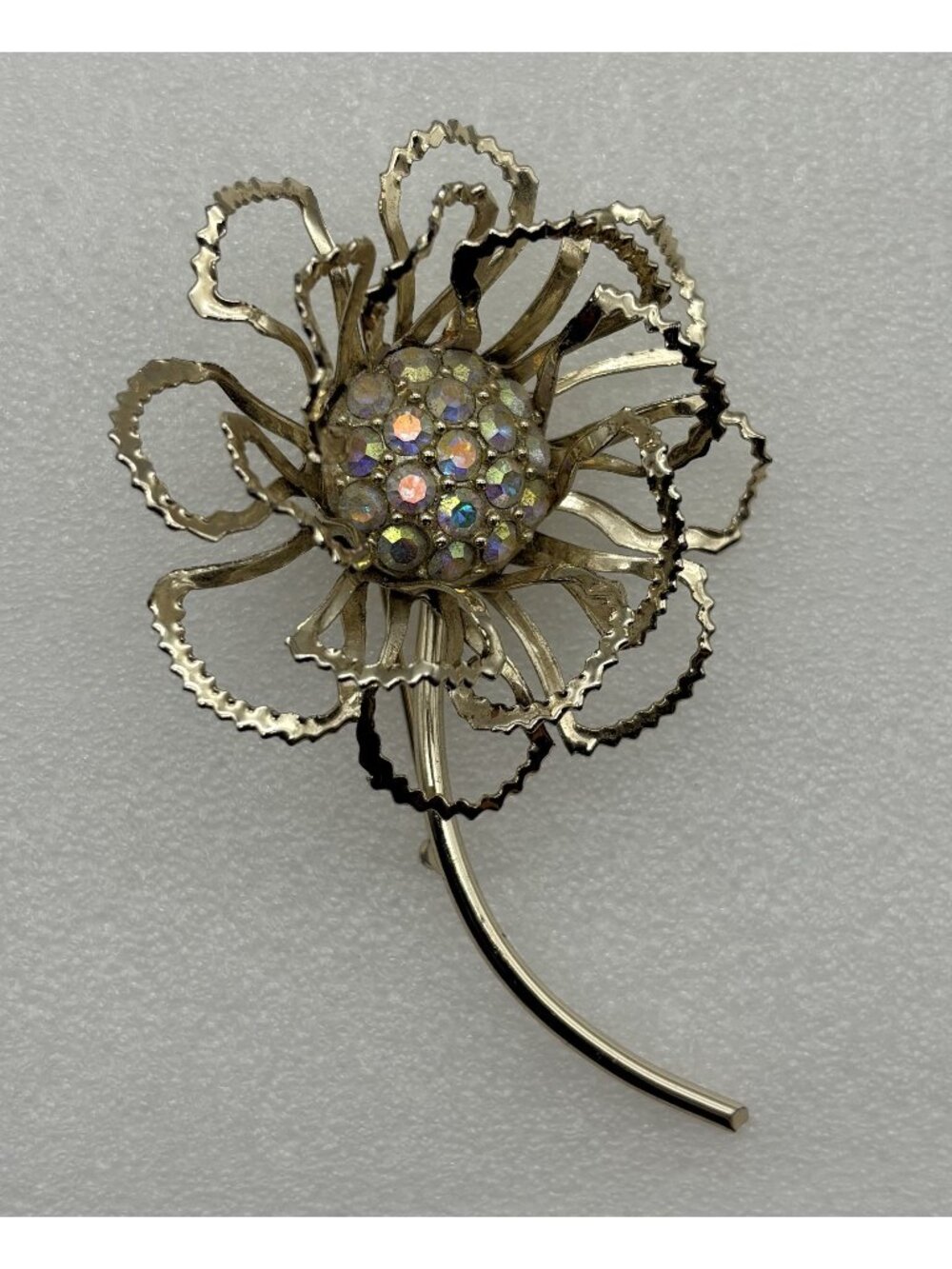 Vintage Sarah Coventry Allusion Flower Brooch Pin Gold Tone AB Rhinestones 1960s